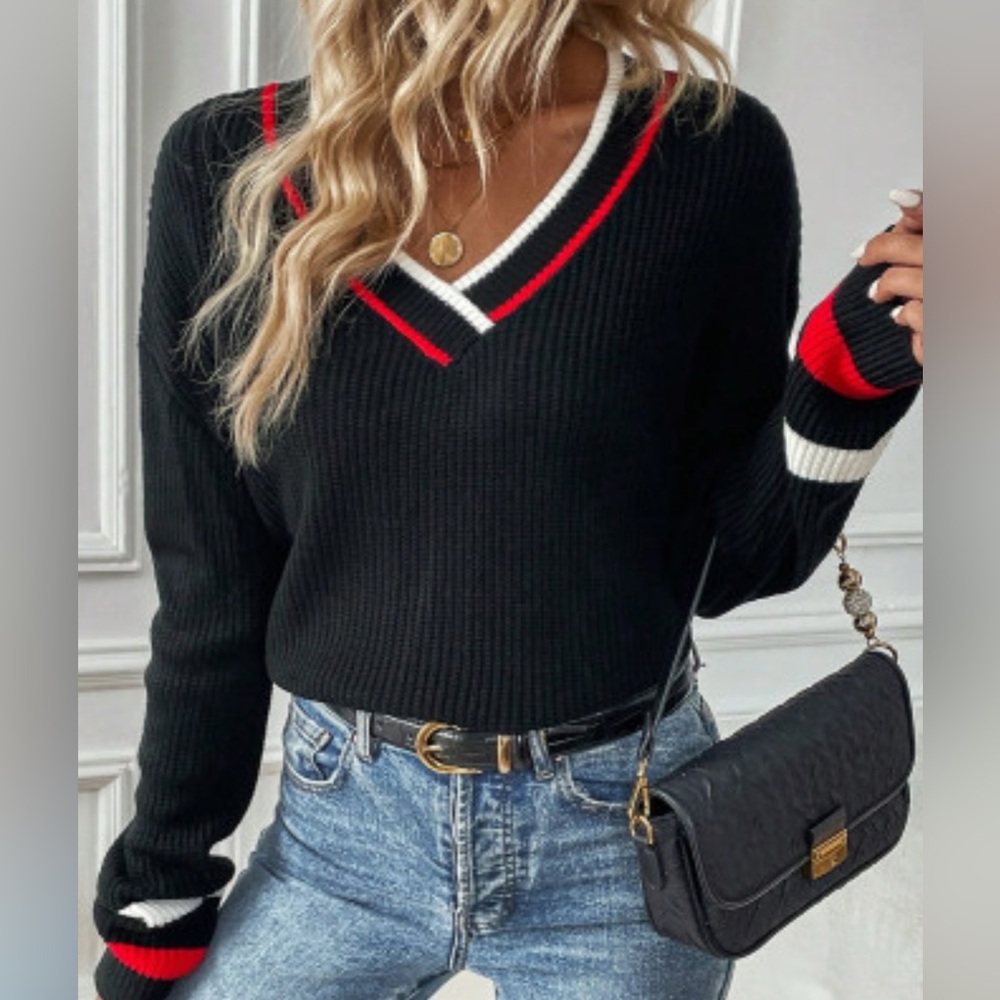 Black V-Neck Sweater with Red and White Accents